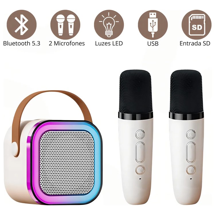 Mini karaokê K12 com 2 Microfones - Recarregável - Cor Bege