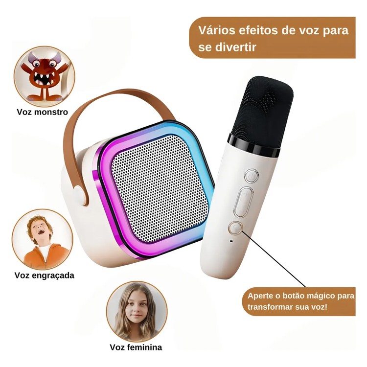 Mini karaokê K12 com 2 Microfones - Recarregável - Cor Bege