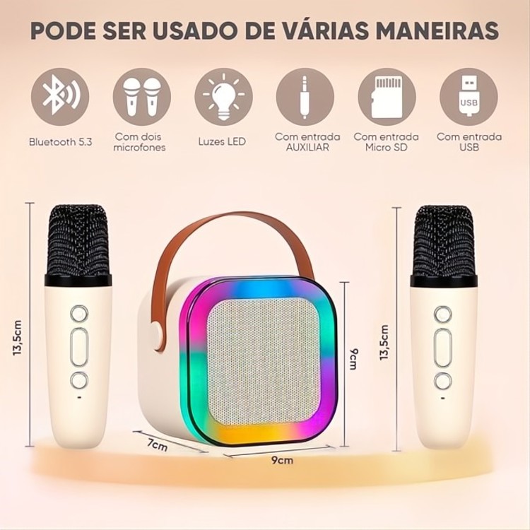 Mini karaokê K12 com 2 Microfones - Recarregável - Cor Bege