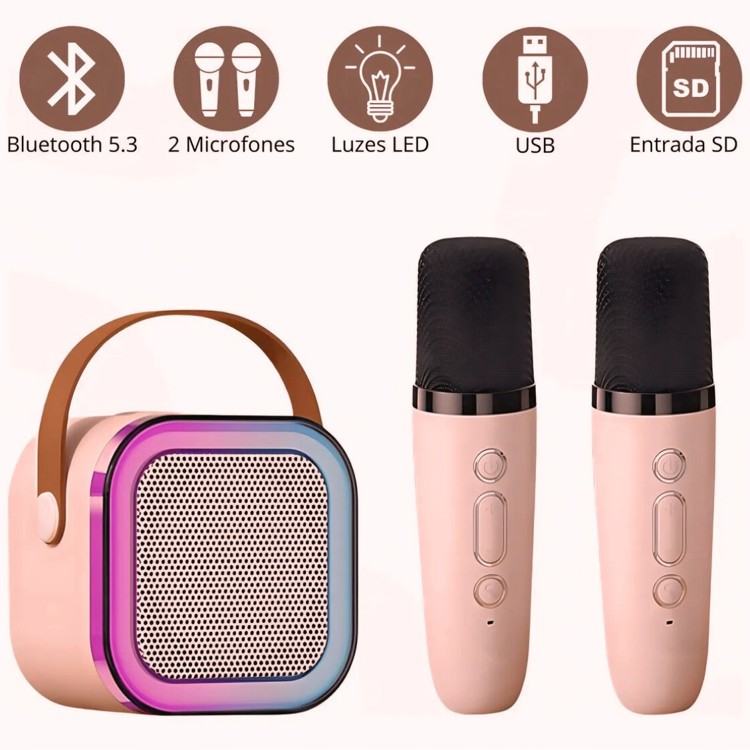 Mini karaokê K12 com 2 Microfones - Recarregável - Cor Rosa