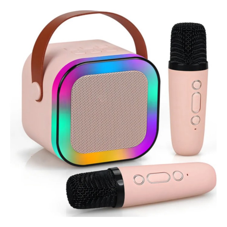 Mini karaokê K12 com 2 Microfones - Recarregável - Cor Rosa