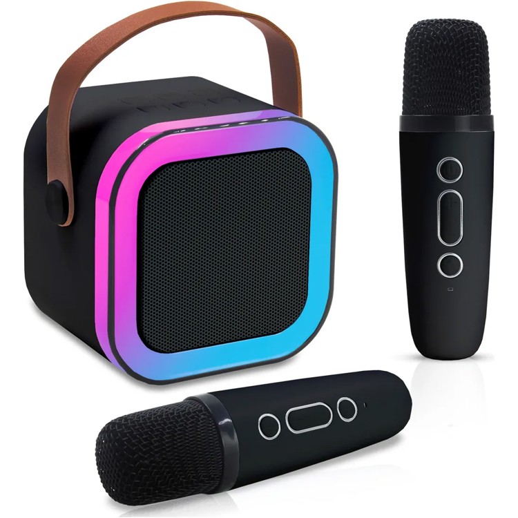 Mini karaokê K12 com 2 Microfones - Recarregável - Cor preto